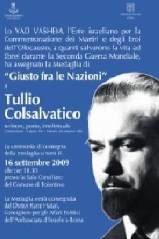 Invito alla cerimonia di assegnazione del titolo di "Giusto fra le nazioni" a Tullio Colsalvatico