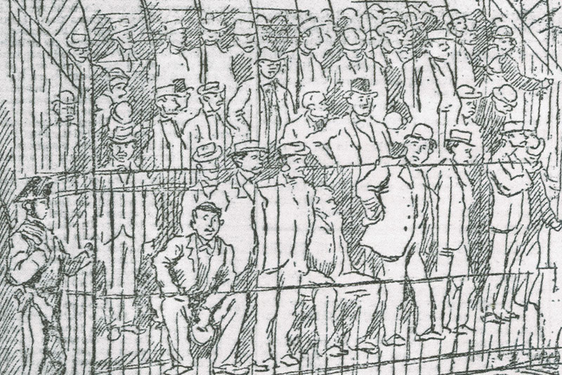 Drawing of the maxi-trial of alleged mafia members in Palermo, published in L'Ora in May 1901.